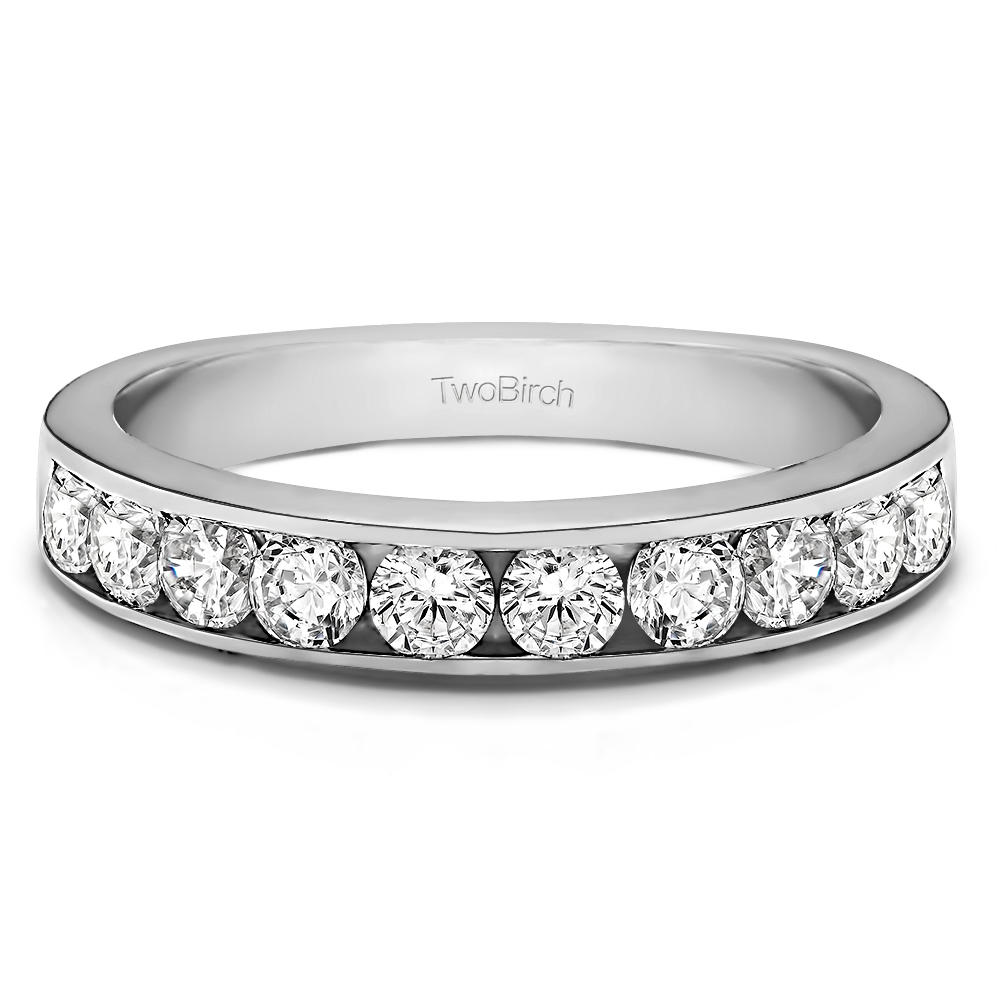 TwoBirch 10 Stone Straight Channel Set Wedding Ring in 10k White Gold with Forever Brilliant Moissanite by Charles Colvard (0.5 CT)