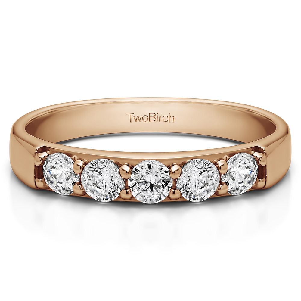 TwoBirch Five Stone Pave Set Anniversary Band in 10k Rose Gold with Forever Brilliant Moissanite by Charles Colvard (0.45 CT)