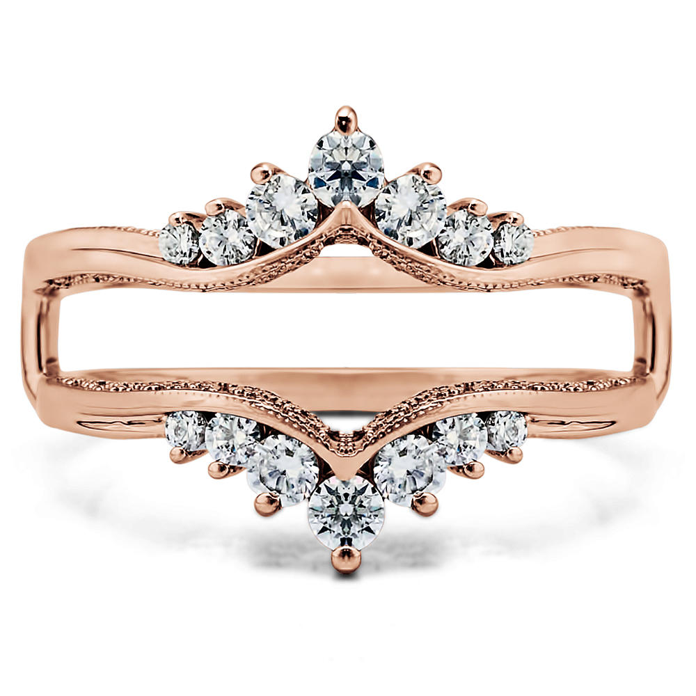 TwoBirch Chevron Style Ring Guard with Millgrained Edges and Filigree Cut Out Design in 14k Rose Gold with Diamonds (G-H,I2-I3) (0.74 CT)