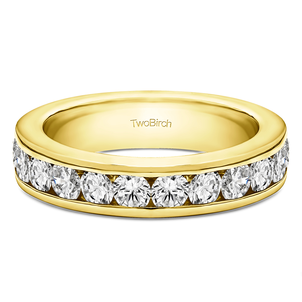 TwoBirch Twelve Stone Channel Set Straight Wedding Ring in 10k Yellow gold with Forever Brilliant Moissanite by Charles Colvard (0.75 CT)