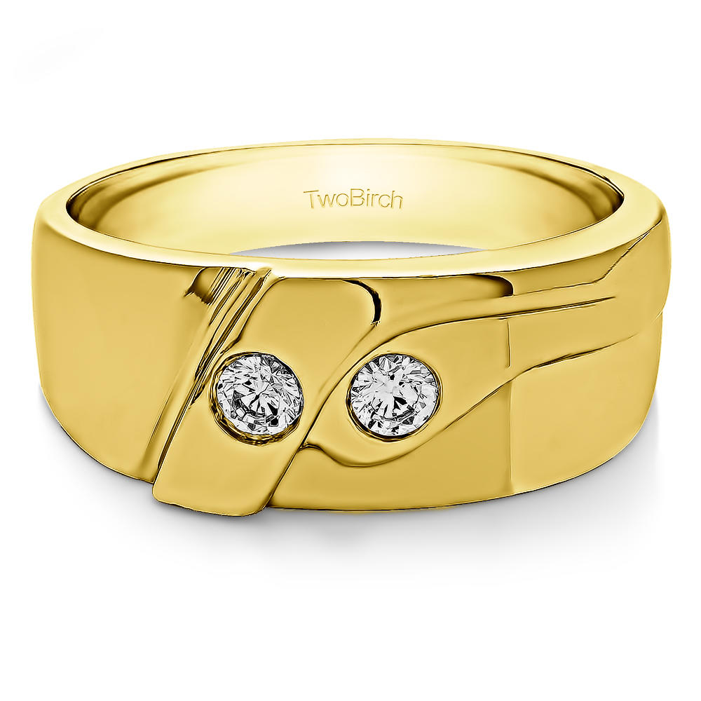 TwoBirch Contemporary Mens Wedding ring or Mens Fashion Ring in 10k Yellow gold with Diamonds (G-H,I2-I3) (0.24 CT)