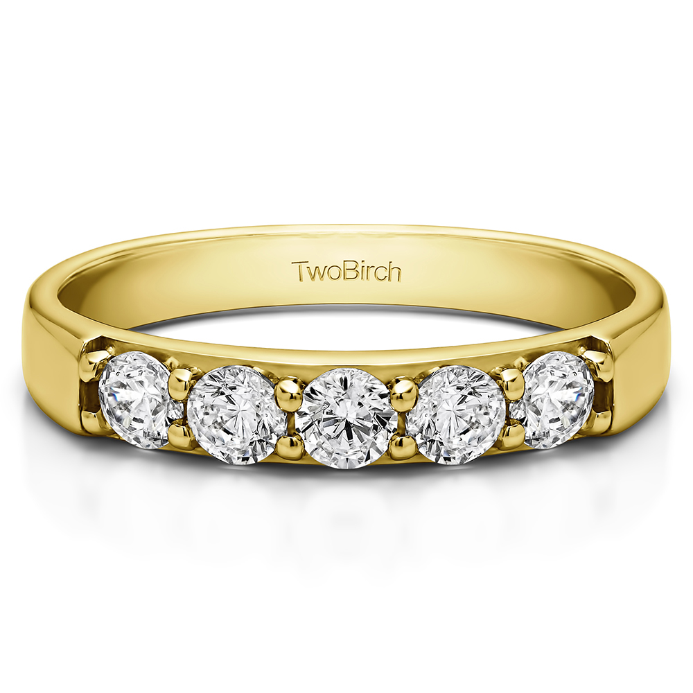 TwoBirch Five Stone Pave Set Anniversary Band in 10k Yellow gold with Forever Brilliant Moissanite by Charles Colvard (0.23 CT)