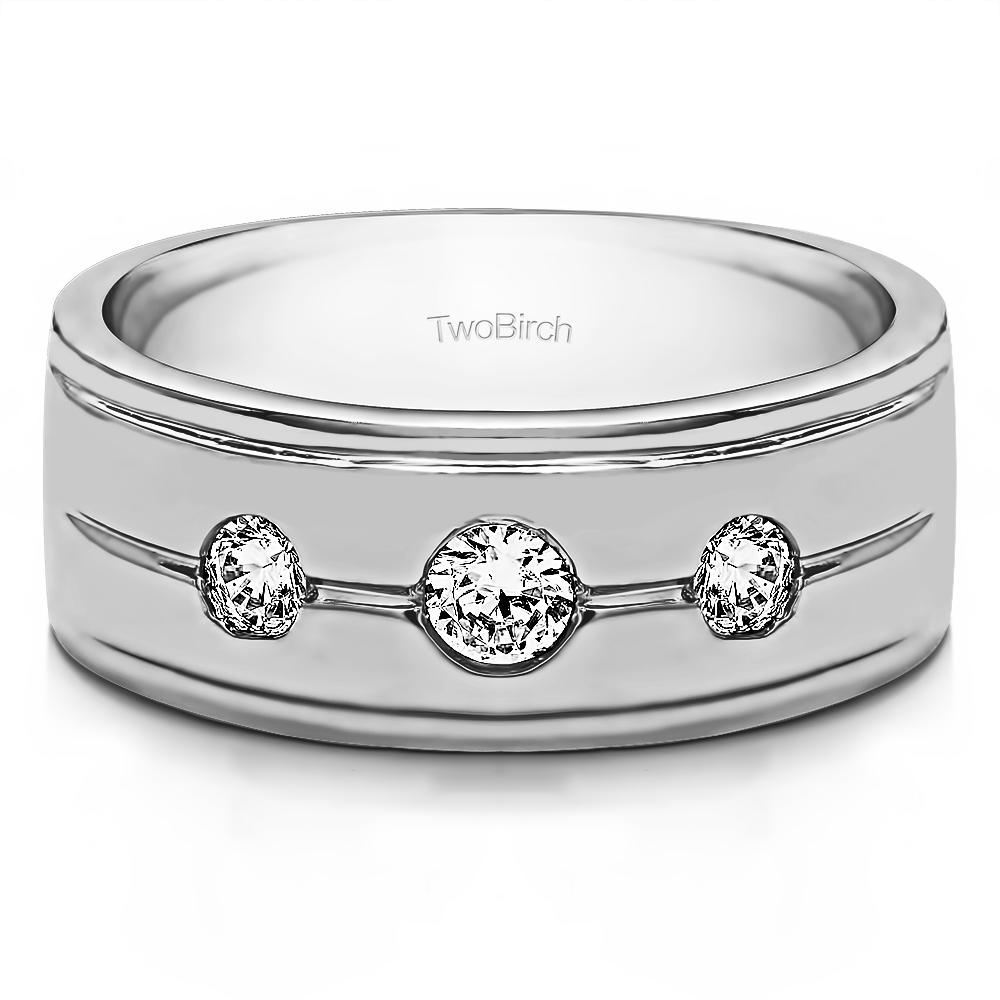 TwoBirch Three Stone Unique Men's Wedding Ring or Unique Men's Fashion Ring in Sterling Silver with Diamonds (G-H,I2-I3) (0.5 CT)