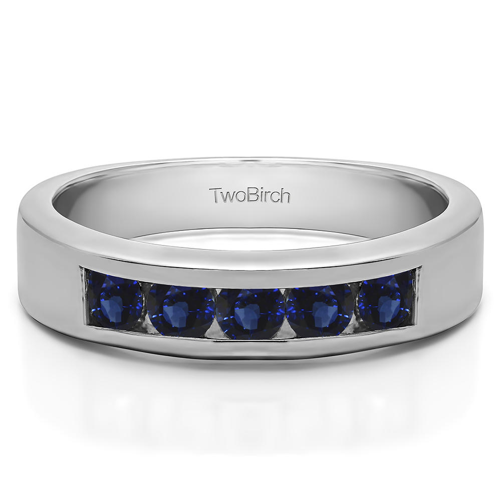 TwoBirch Five Stone Straight Channel Set Wedding Band in Sterling Silver with Sapphire (1 CT)
