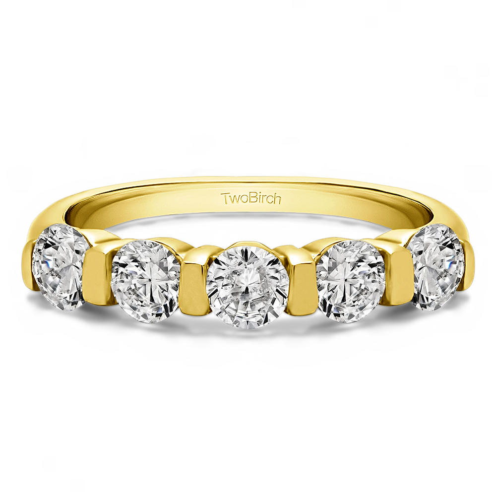TwoBirch Five Stone Wide Bar Set Wedding Band in 14k Yellow Gold with Forever Brilliant Moissanite by Charles Colvard (0.5 CT)