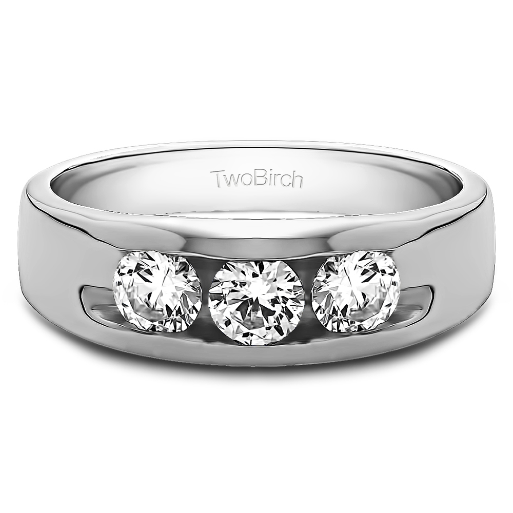 TwoBirch Three Stone Channel Set Men's Wedding Band in 10k White Gold with Diamonds (G-H,I2-I3) (0.33 CT)