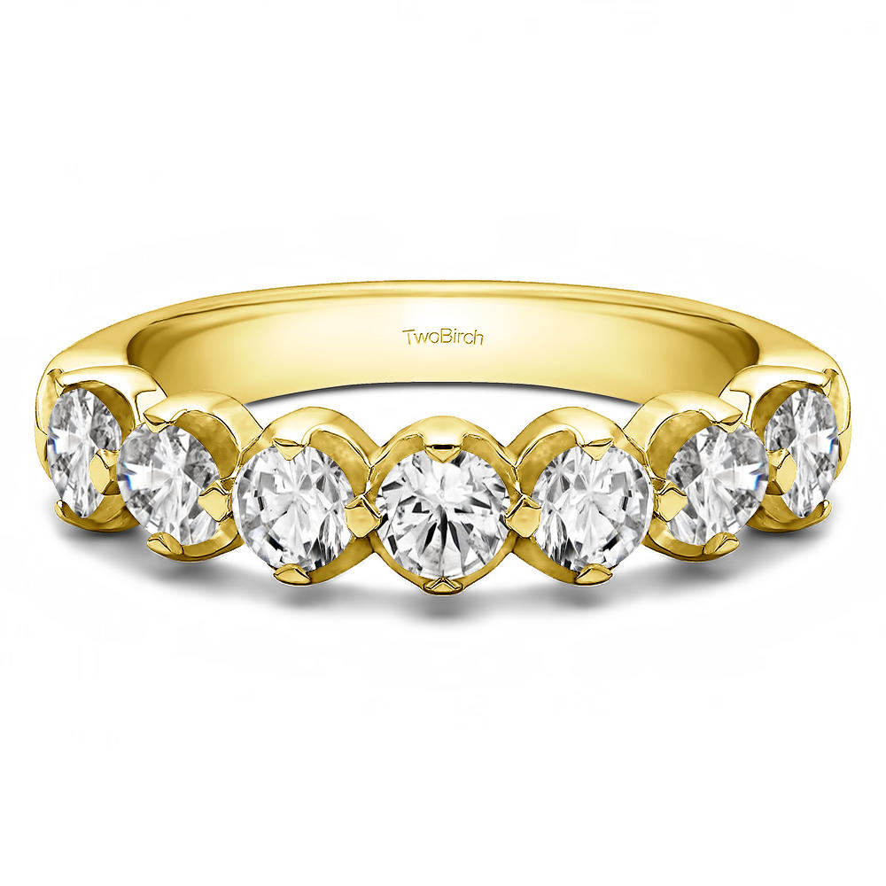 TwoBirch Seven Stone Common Prong U Set Wedding Ring in 14k Yellow Gold with Forever Brilliant Moissanite by Charles Colvard (0.98 CT)