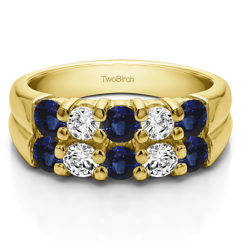 TwoBirch Double Row Shared Prong  Ten Stone Anniversary Band in 10k Yellow gold with Diamonds (G-H,I2-I3) and Sapphire (0.98 CT)
