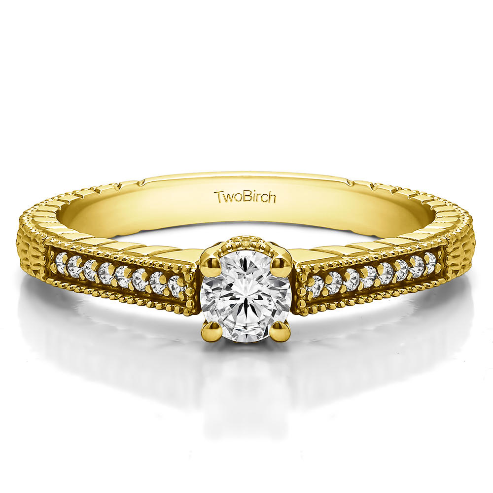 TwoBirch Dainty Vintage Promise Ring in Yellow Silver with Diamonds (G-H,I2-I3) (0.33 CT)