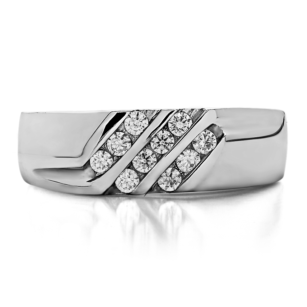 TwoBirch Triple Row Channel Swirl Men's Fashion Or Men's Wedding Ring in 10k White Gold with Diamonds (G-H,I2-I3) (0.32 CT)