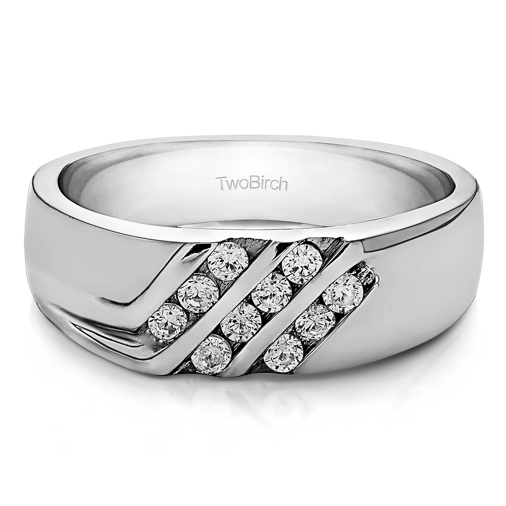 TwoBirch Triple Row Channel Swirl Men's Fashion Or Men's Wedding Ring in 10k White Gold with Diamonds (G-H,I2-I3) (0.32 CT)