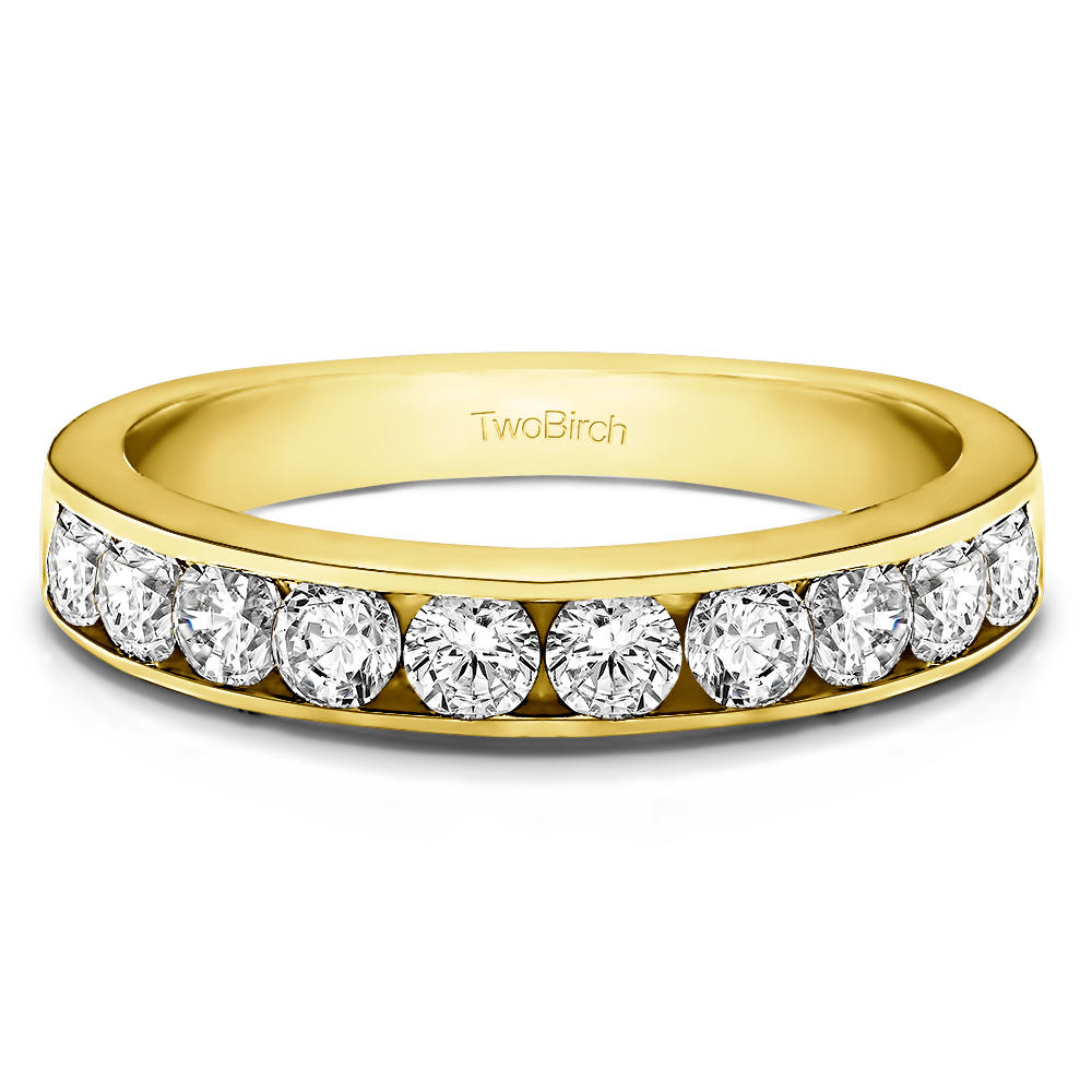 TwoBirch 10 Stone Straight Channel Set Wedding Ring in Yellow Silver with Diamonds (G-H,I2-I3) (0.5 CT)