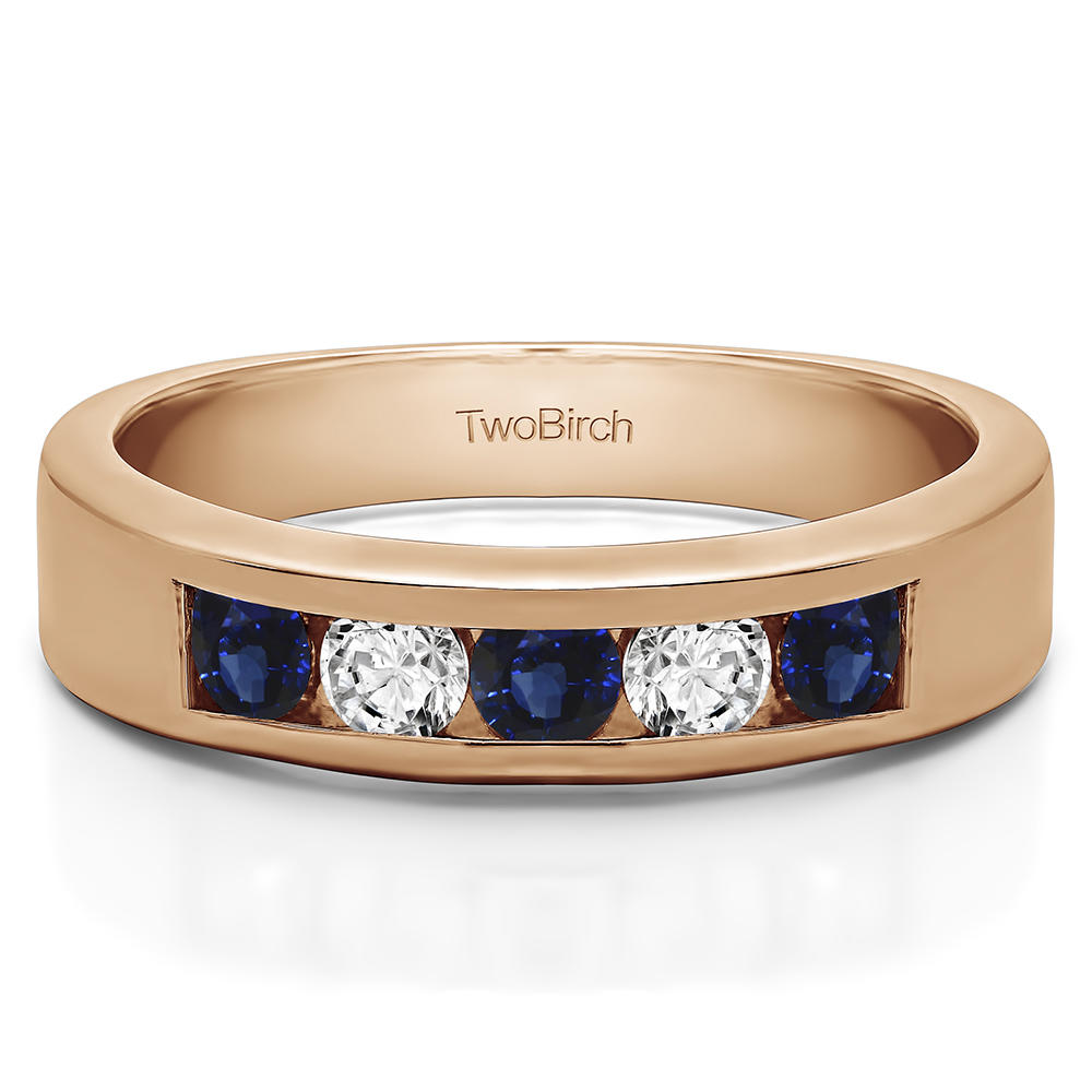TwoBirch Five Stone Straight Channel Set Wedding Band in 14k Rose Gold with Diamonds (G-H,I2-I3) and Sapphire (1 CT)
