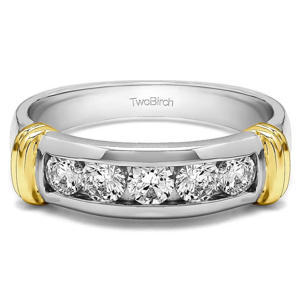 TwoBirch Cool Mens Ring or Mens Wedding Band in Two Tone Silver with Diamonds (G-H,I2-I3) (1 CT)