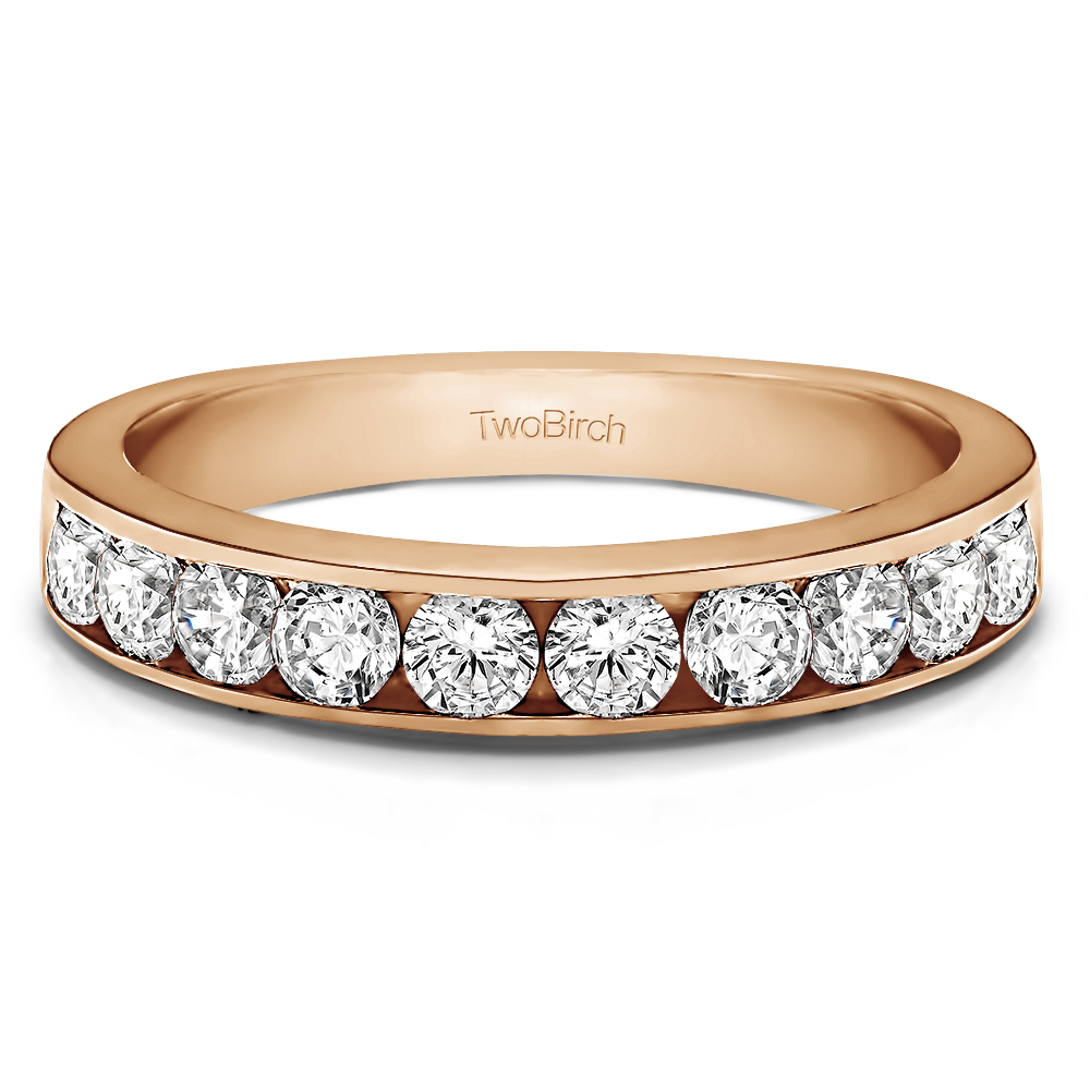 TwoBirch 10 Stone Straight Channel Set Wedding Ring in 10k Rose Gold with Diamonds (G-H,I2-I3) (1 CT)