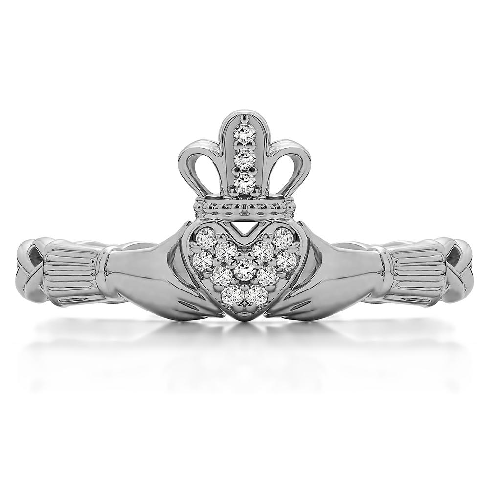 TwoBirch Celtic Claddagh Wedding Ring with Pave Heart in 10k White Gold with Cubic Zirconia (0.07 CT)