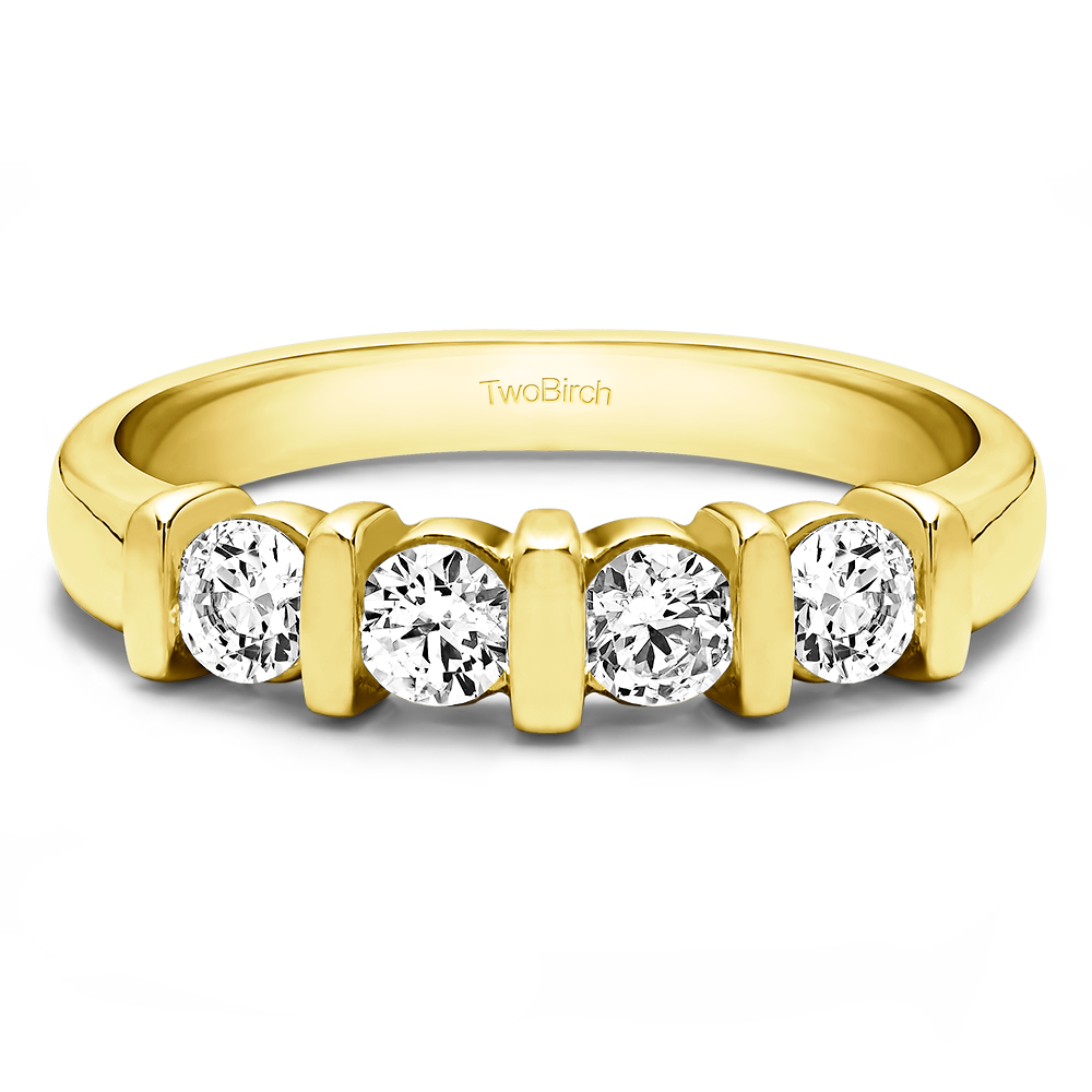 TwoBirch Four Stone Bar Set Wedding Ring in 14k Yellow Gold with Diamonds (G-H,I2-I3) (0.5 CT)