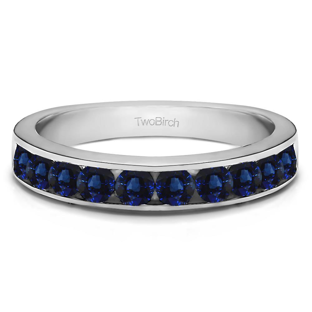 TwoBirch 10 Stone Straight Channel Set Wedding Ring in 14k White Gold with Sapphire (1 CT)