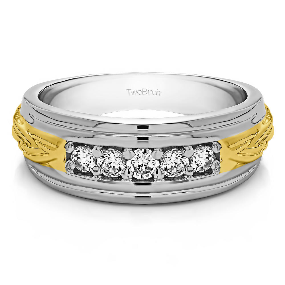 TwoBirch Engraved Design Cool Mens Wedding Ring or Unique Mens' Fashion Ring in 10k Two Tone Gold with Diamonds (G-H,I2-I3) (0.5 CT)