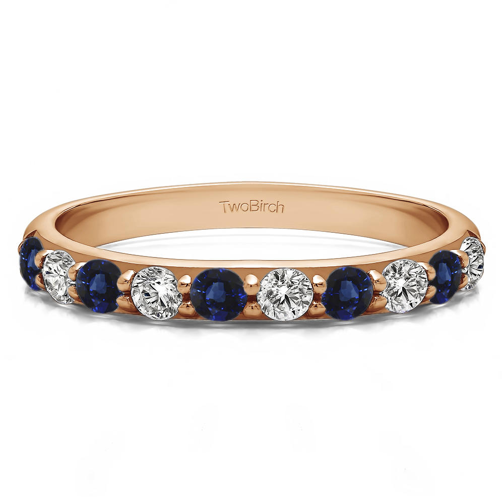 TwoBirch 15 Stone Delicate Prong Set Wedding Band in 14k Rose Gold with Diamonds (G-H,I2-I3) and Sapphire (1.5 CT)