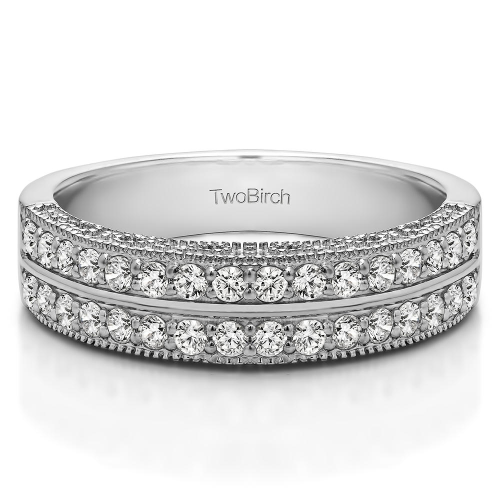 TwoBirch Double Row Vintage Filigree Millgrained Wedding Band in 10k White Gold with Diamonds (G-H,I2-I3) (0.48 CT)