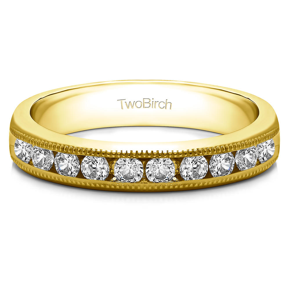 TwoBirch 10 Stone Open Ended Channel Set Wedding Ring in Yellow Silver with Diamonds (G-H,I1-I2) (0.5 CT)