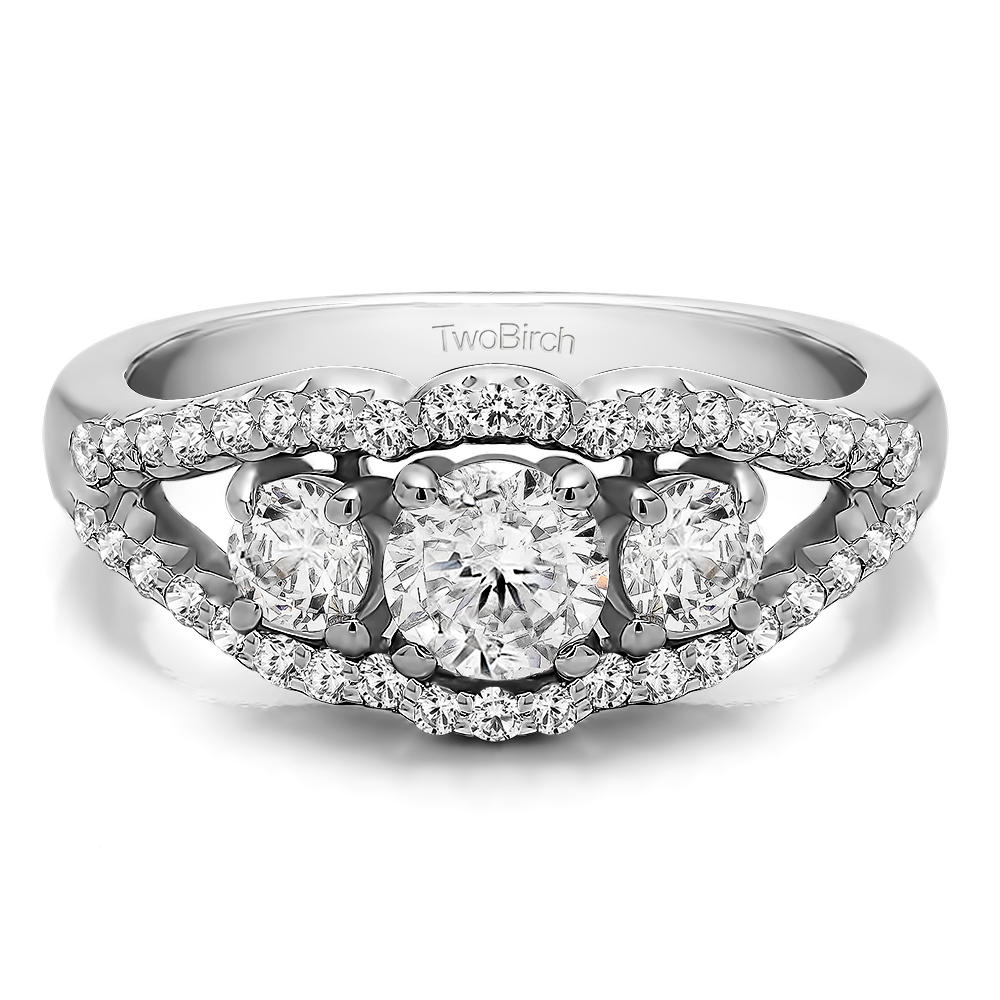 TwoBirch 1CT Three Stone Prong Set Wedding Band in 14k White Gold with Diamonds (G-H,I2-I3) (1.04 CT)