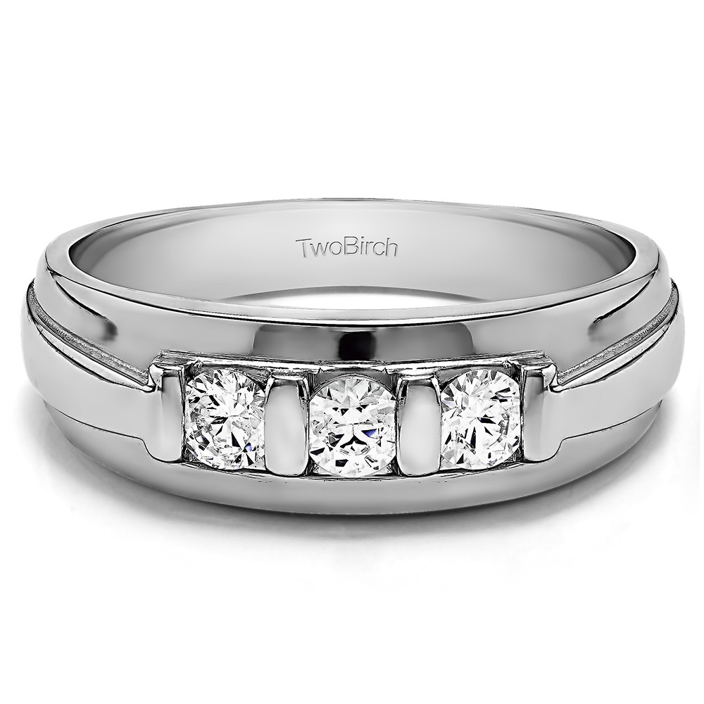 TwoBirch Unique Three Stone Men's Fashion Ring or Mens Wedding Band in 14k White Gold with Diamonds (G-H,I2-I3) (0.49 CT)