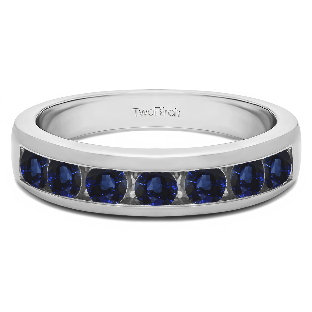 TwoBirch Seven Stone Straight Channel Set Wedding Ring in 10k White Gold with Sapphire (1 CT)