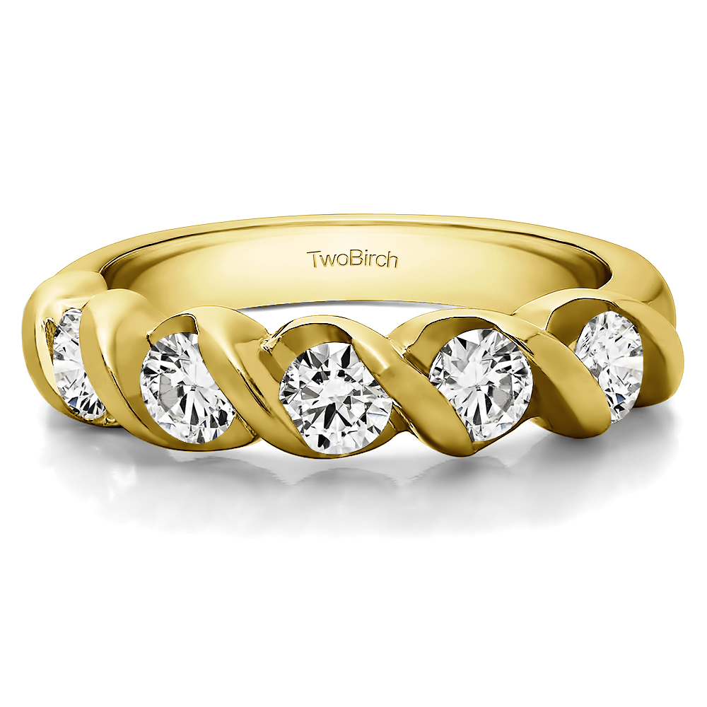 TwoBirch Five Stone Swirl Set Wedding Band in Yellow Silver with Cubic Zirconia (1 CT)