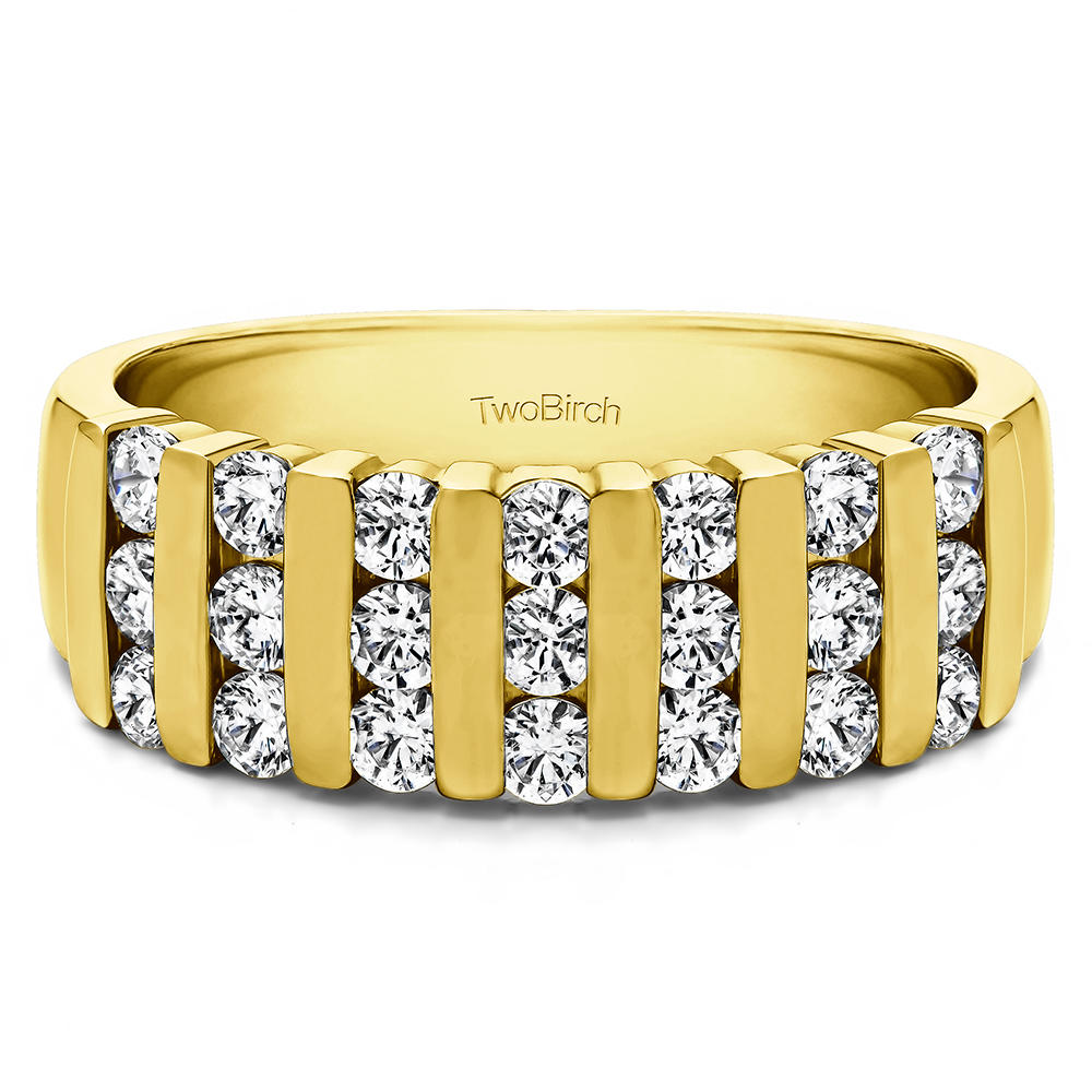 TwoBirch 1/4CT Three Row Bar Set Wedding Ring in 14k Yellow Gold with Forever Brilliant Moissanite by Charles Colvard (0.2 CT)