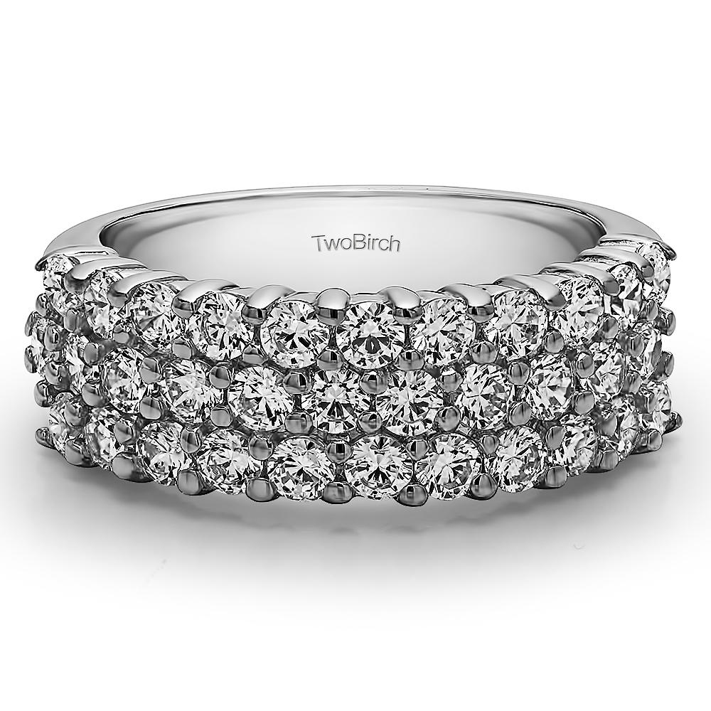 TwoBirch Three Row Double Shared Prong Wedding Band in 10k White Gold with Diamonds (G-H,I2-I3) (1.49 CT)
