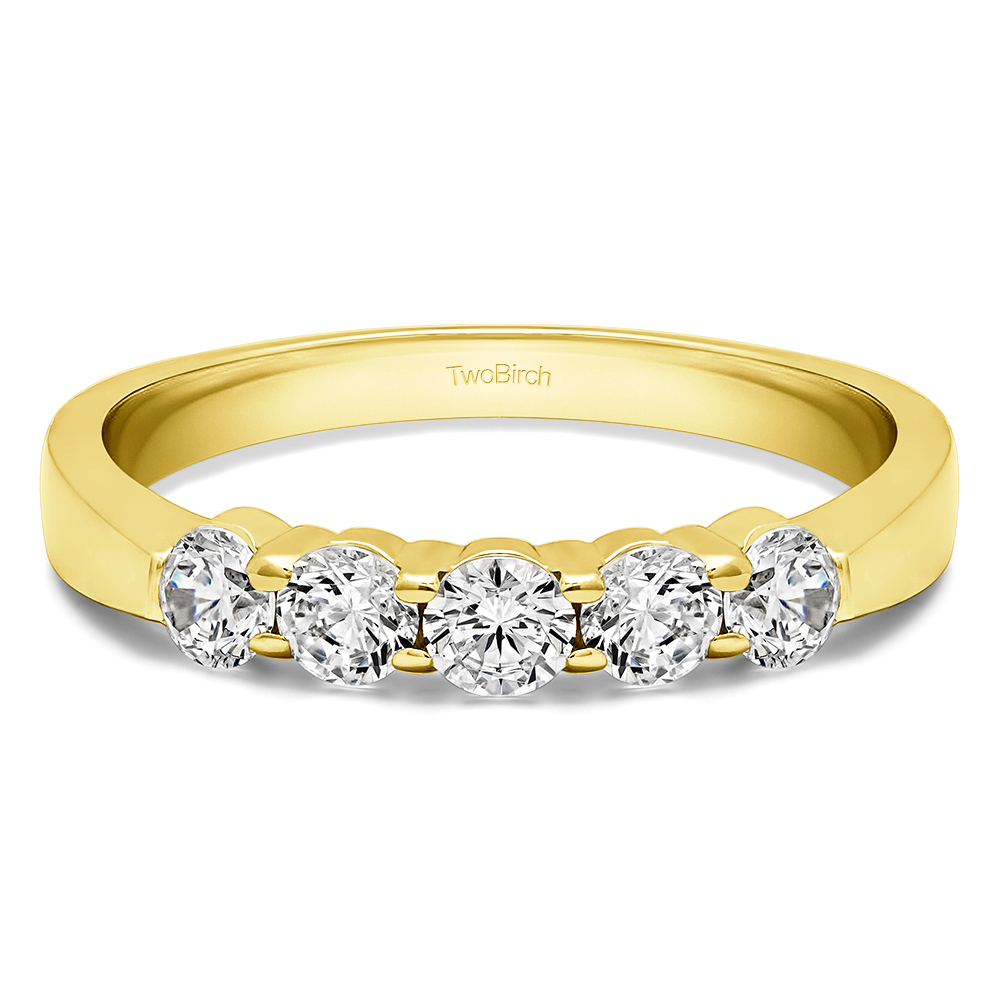 TwoBirch Five Stone Shared Prong Pinched Shank Wedding Band in Yellow Silver with Diamonds (G-H,I2-I3) (1.25 CT)