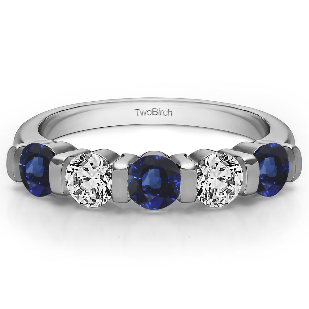 TwoBirch Five Stone Bar Set Wedding Band in 14k White Gold with Diamonds (G-H,I2-I3) and Sapphire (0.75 CT)