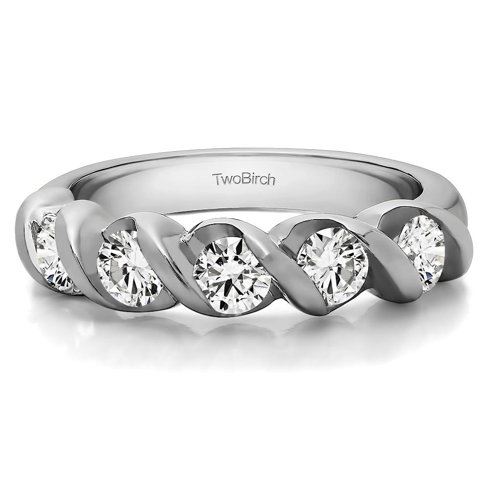 TwoBirch Five Stone Swirl Set Wedding Band in 10k White Gold with Cubic Zirconia (0.48 CT)