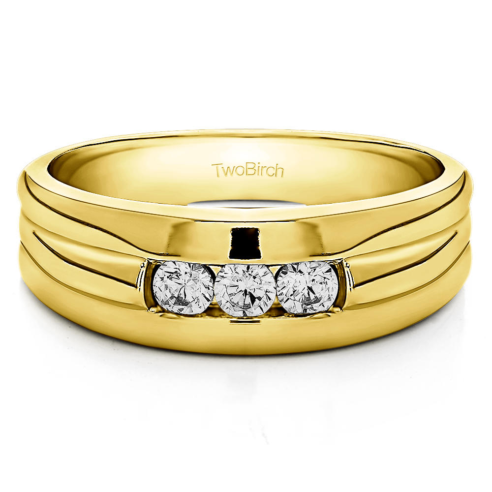 TwoBirch Three Stone Unique Men's Wedding or Unique Men's Fashion Ring in 14k Yellow Gold with Diamonds (G-H,I2-I3) (0.51 CT)