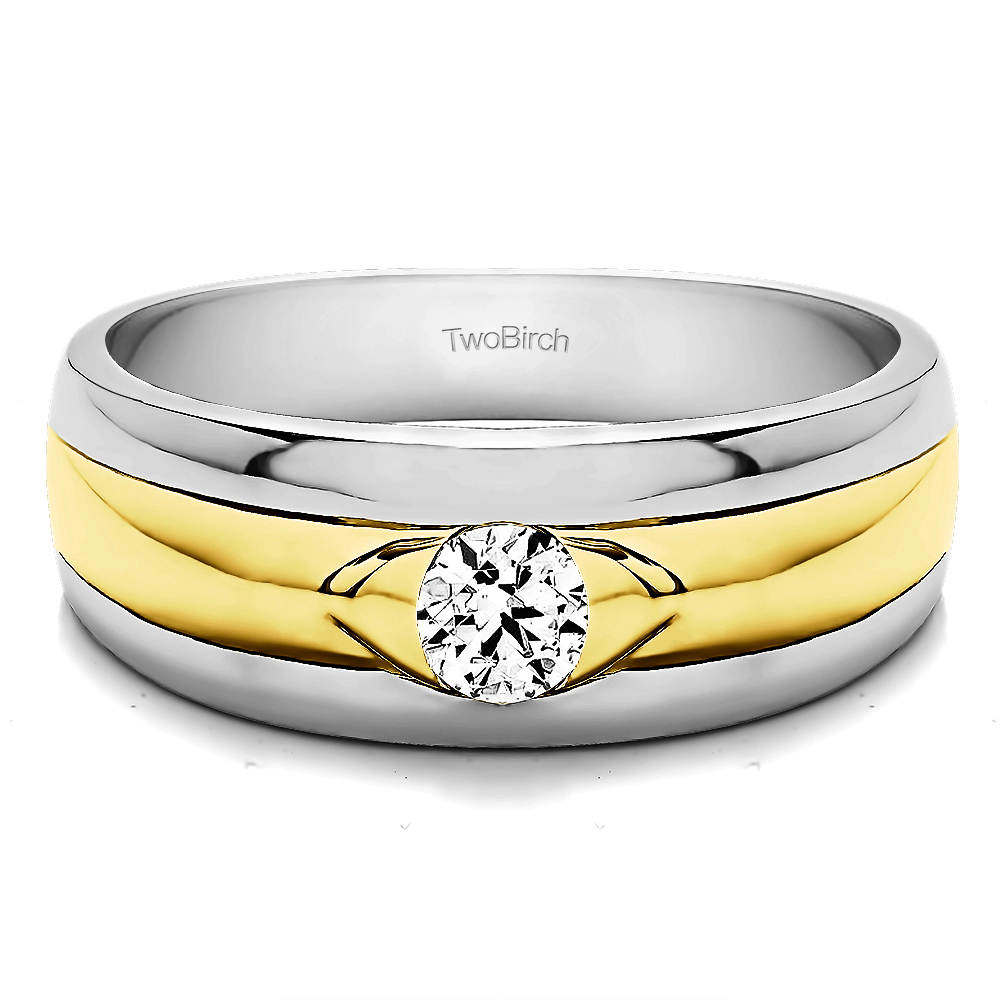 TwoBirch Solitaire Cool Mens Ring Or Mens Wedding Ring in 14k Two Tone Gold with Diamonds (G-H,I2-I3) (0.39 CT)
