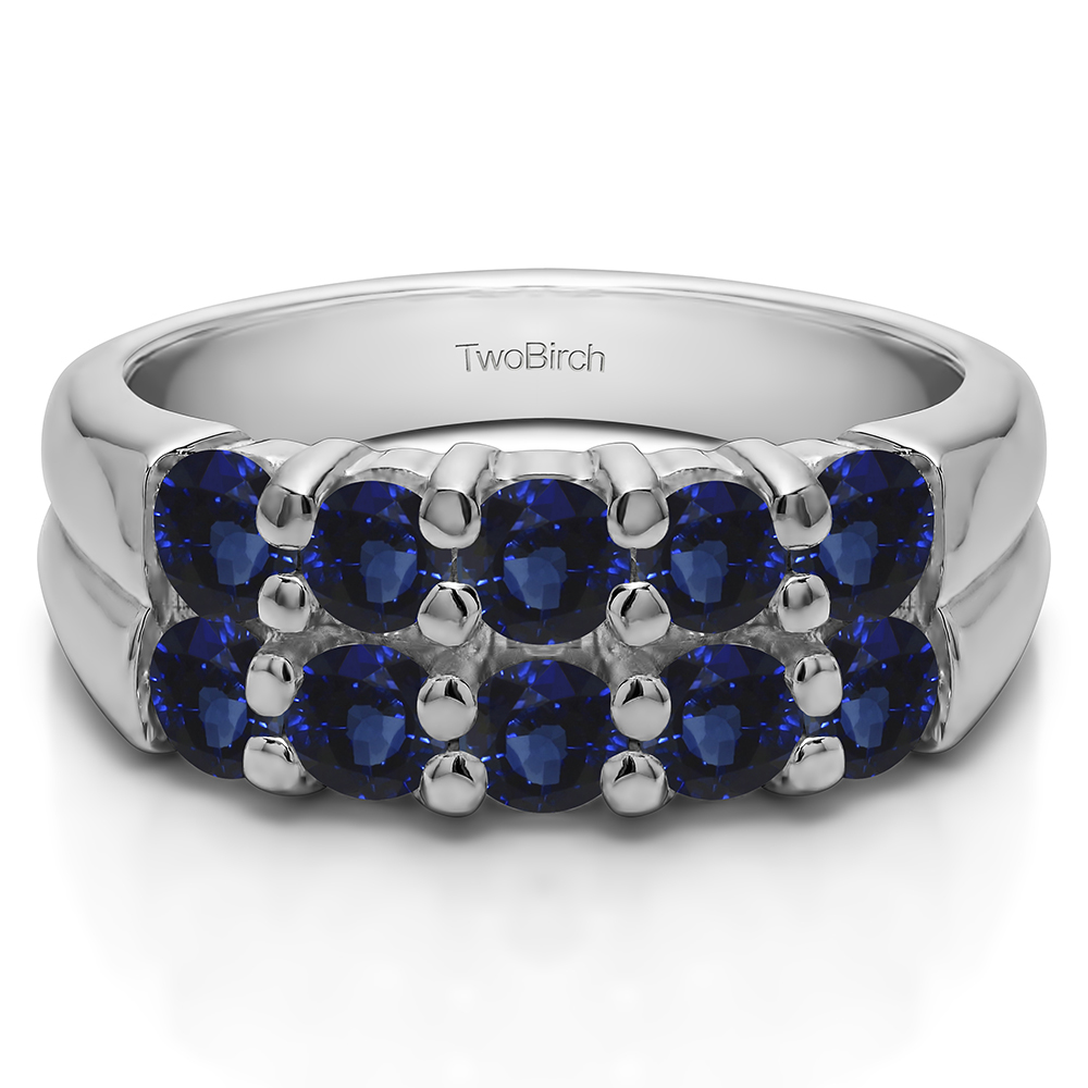 TwoBirch Double Row Shared Prong  Ten Stone Anniversary Band in Sterling Silver with Sapphire (1.48 CT)