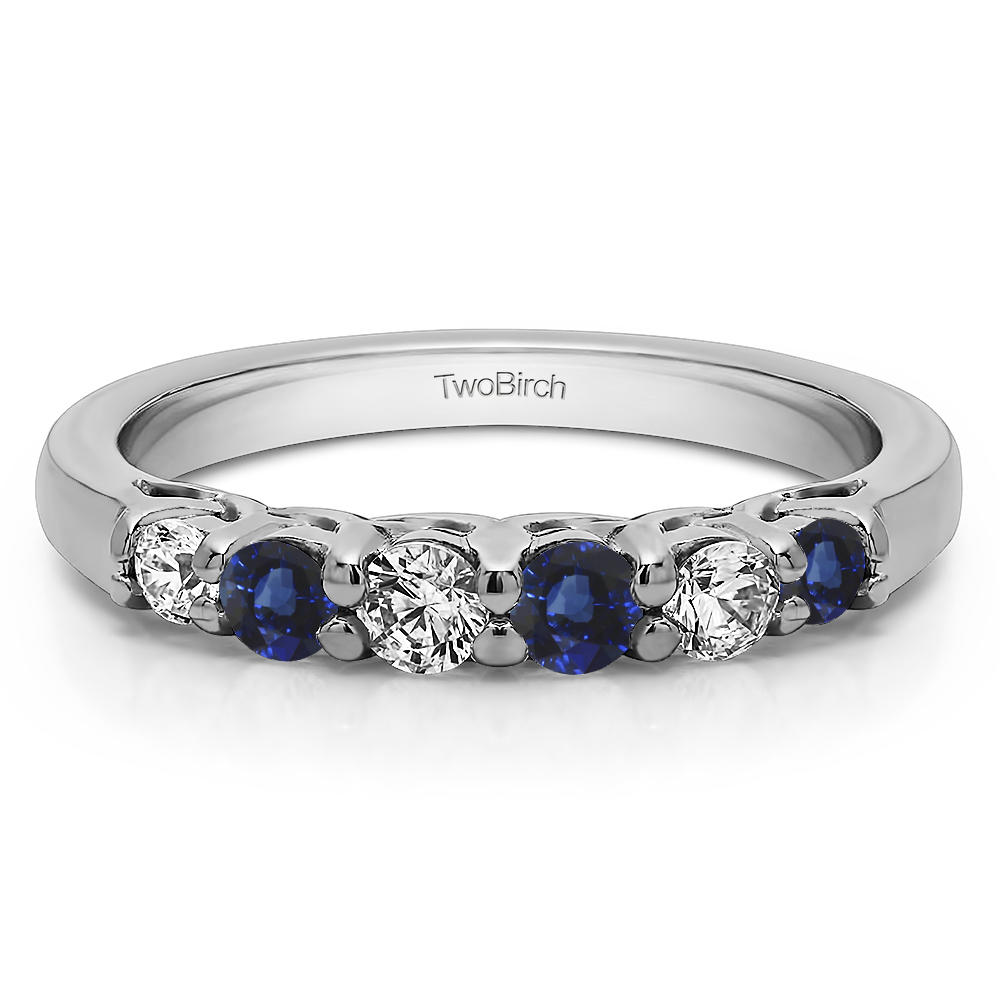 TwoBirch Five Stone Common Prong Basket Set Wedding Ring in 10k White Gold with Diamonds (G-H,I2-I3) and Sapphire (0.74 CT)