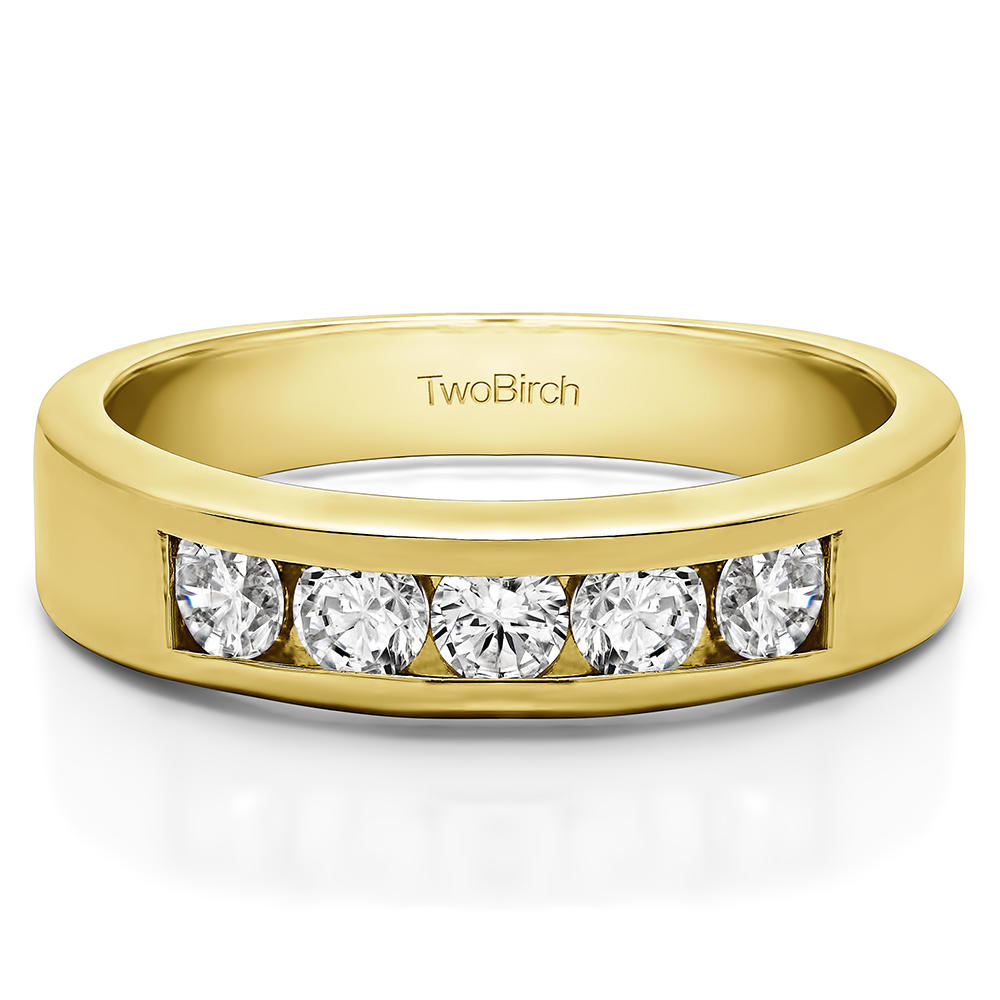 TwoBirch Five Stone Straight Channel Set Wedding Band in Yellow Silver with Diamonds (G-H,I2-I3) (0.5 CT)