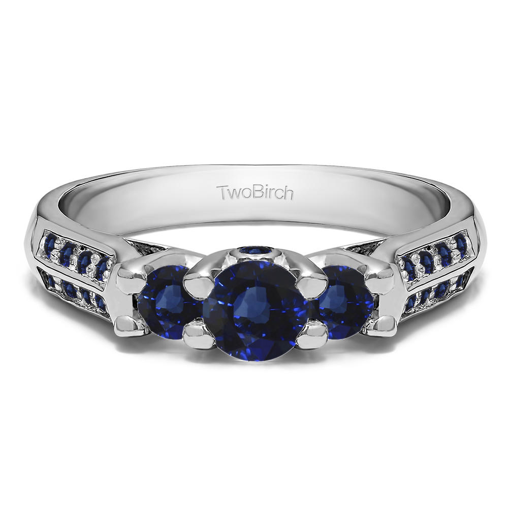 TwoBirch Three Stone Knife Edge Shank Wedding Band in 10k White Gold with Sapphire (0.52 CT)