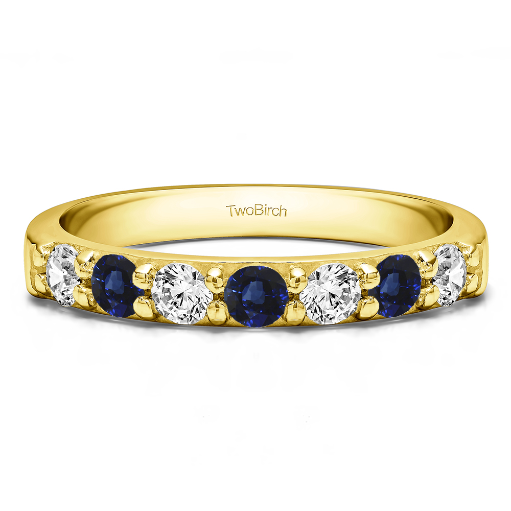 TwoBirch Seven Stone Common Prong Wedding Ring  in Yellow Silver with Diamonds (G-H,I2-I3) and Sapphire (0.75 CT)