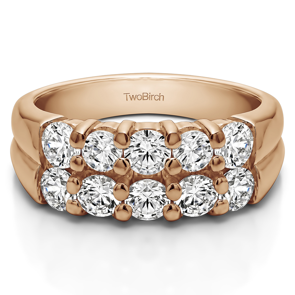 TwoBirch Double Row Shared Prong  Ten Stone Anniversary Band in 10k Rose Gold with Diamonds (G-H,I2-I3) (0.48 CT)