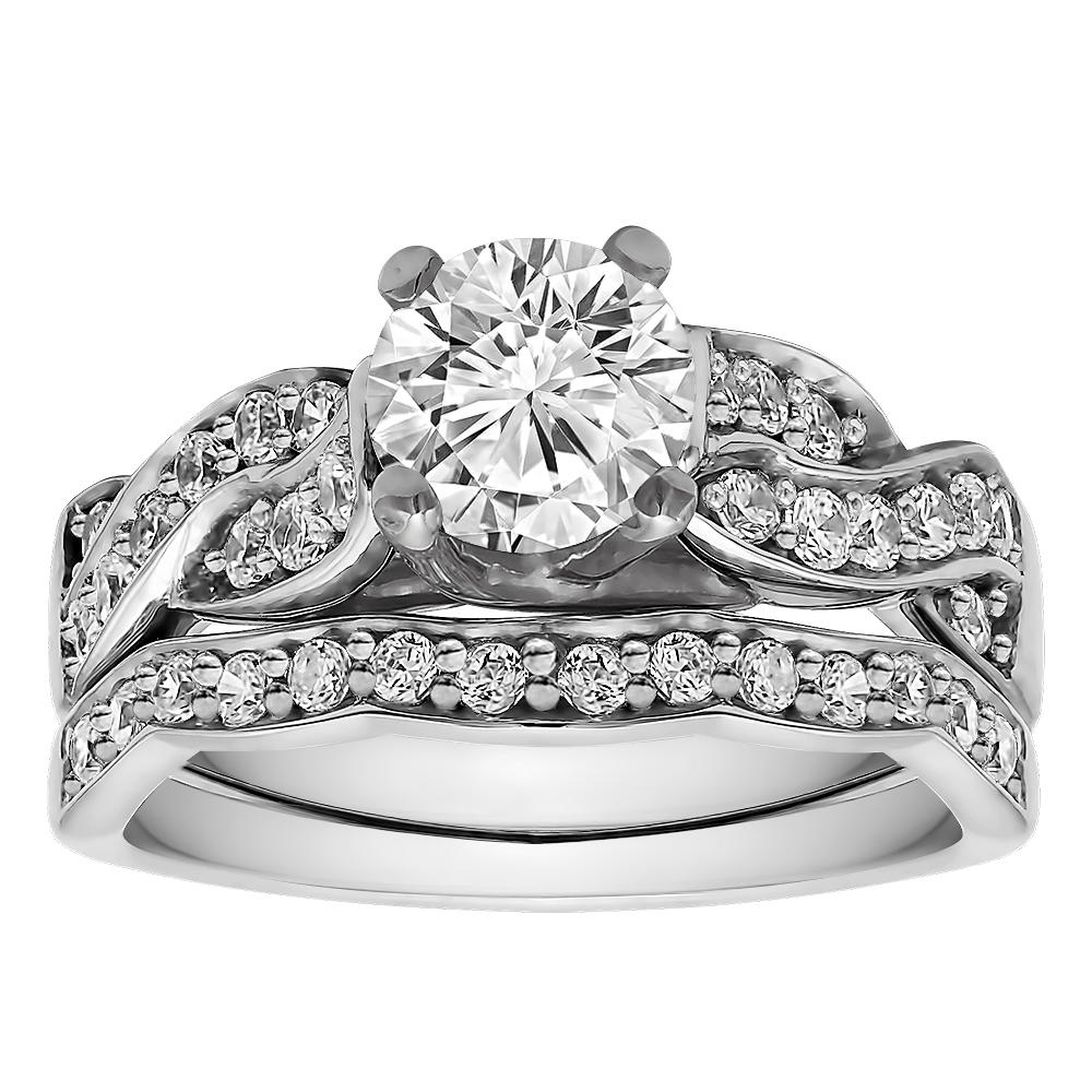 TwoBirch 2 Ring Bridal SET:Engagement ring with Diamonds (G,I2) and Moissanite Center in 14k White Gold(1.56tw)