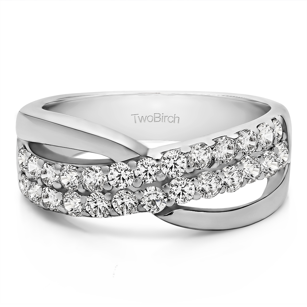 TwoBirch 3/4CT Double Row Shared Prong Bypass Wedding Ring in Sterling Silver with Diamonds (G-H,I2-I3) (0.78 CT)