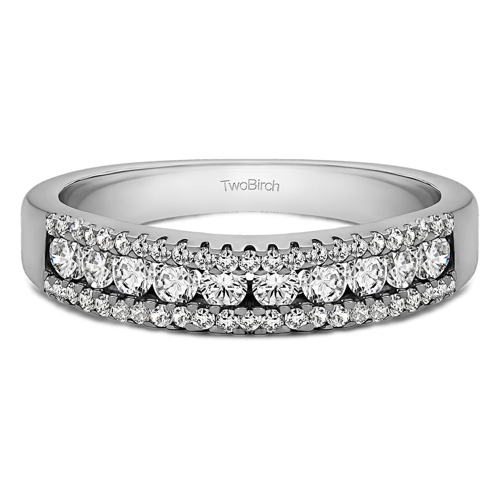 TwoBirch 1/2CT Three Row Recessed Center Wedding Ring in Sterling Silver with Diamonds (G-H,I1-I2) (0.6 CT)