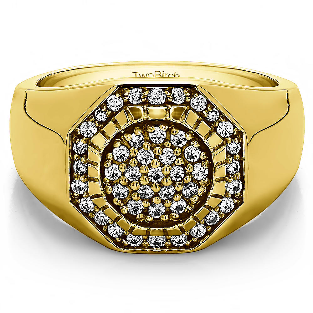 TwoBirch Domed Men's Ring with Engraved Design in 14k Yellow Gold with Diamonds (G-H,I2-I3) (0.48 CT)