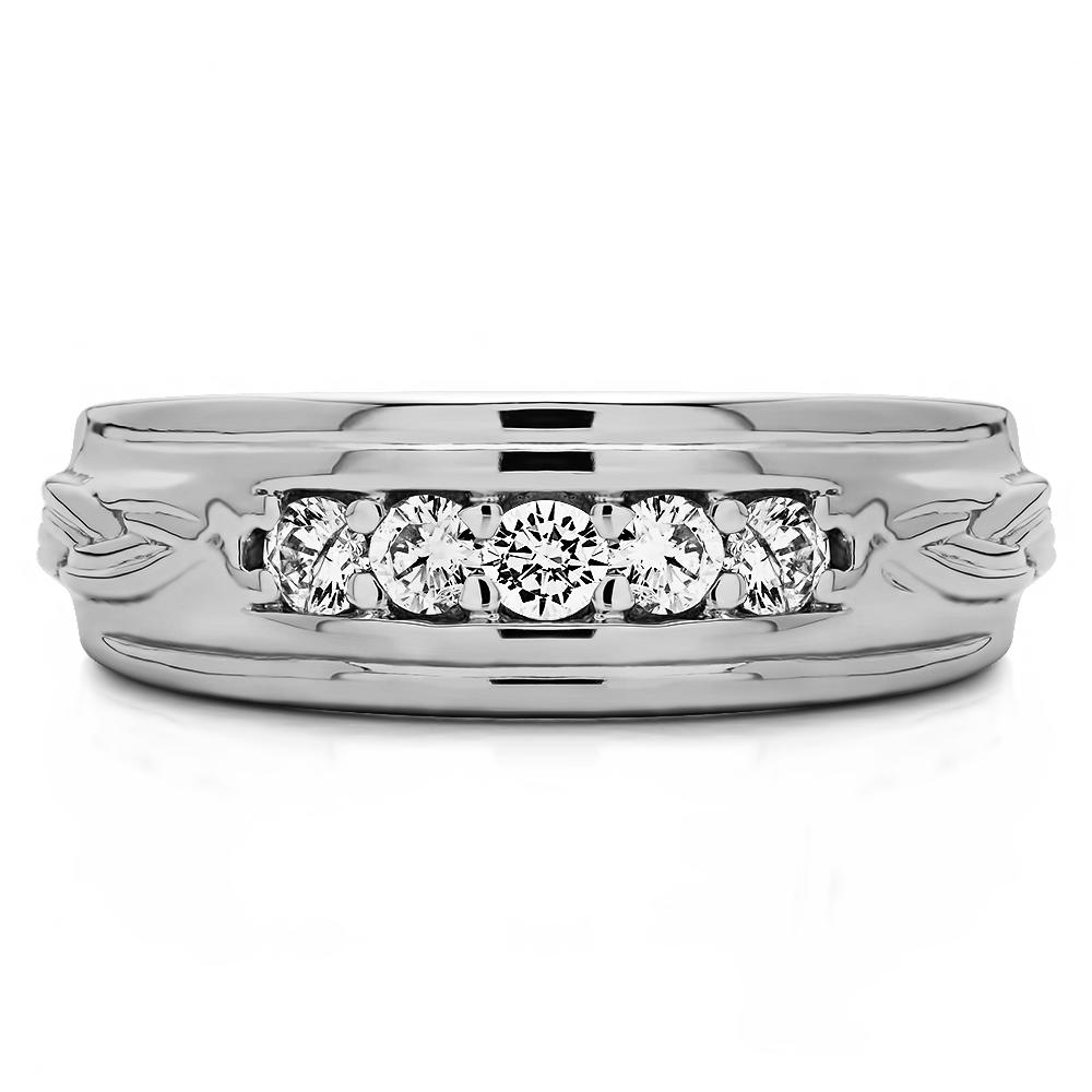 TwoBirch Engraved Design Cool Mens Wedding Ring or Unique Mens' Fashion Ring in Sterling Silver with Diamonds (G-H,I2-I3) (0.5 CT)