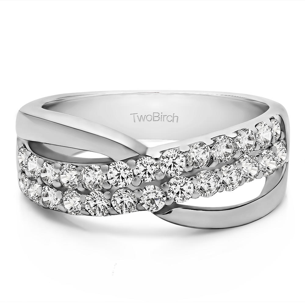 TwoBirch 3/4CT Double Row Shared Prong Bypass Wedding Ring in 10k White Gold with Diamonds (G-H,I2-I3) (0.78 CT)