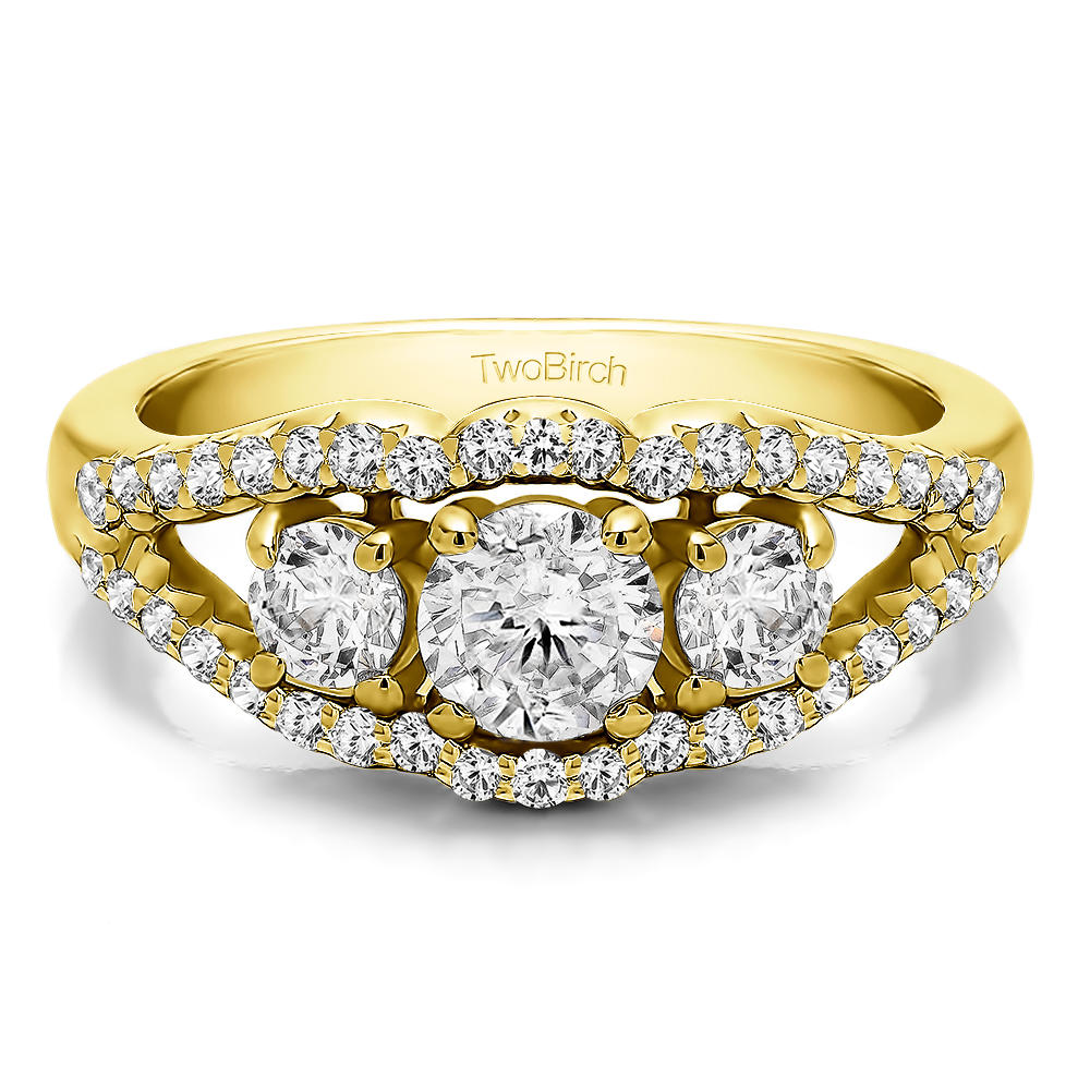 TwoBirch 1CT Three Stone Prong Set Wedding Band in 10k Yellow gold with Diamonds (G-H,I2-I3) (1.04 CT)